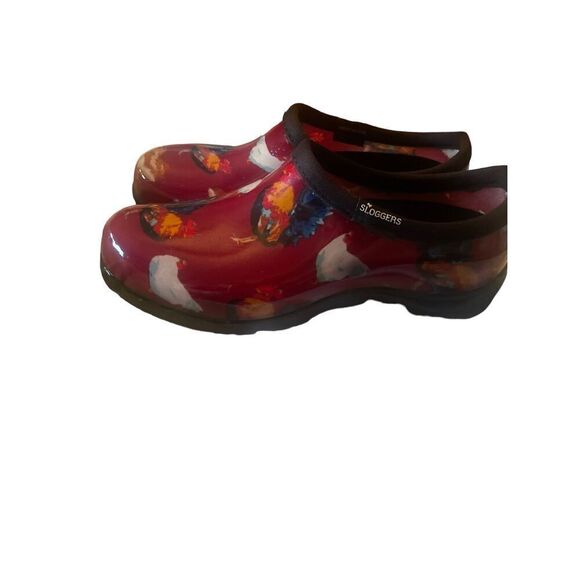 Sloggers Womens Red Chicken Print Slip On Waterproof Garden Clogs Size 6 - Picture 1 of 10